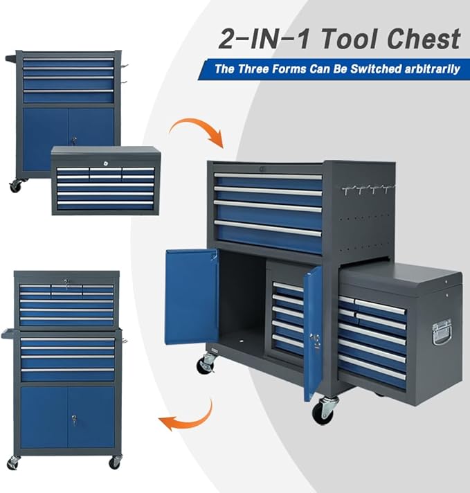 13-Drawer Tool Chest with Double Door and Wheels, Large Detachable Tool Box with Sliding Drawers, Mechanic Toolbox Storage Cabinets, Metal Tool Cart for Garage Workshop (Blue＆Grey)