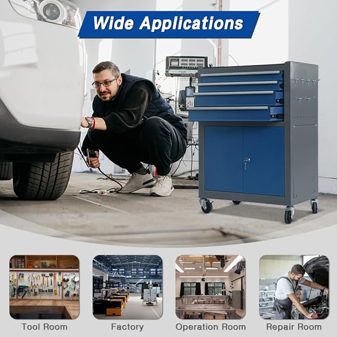 13-Drawer Tool Chest with Double Door and Wheels, Large Detachable Tool Box with Sliding Drawers, Mechanic Toolbox Storage Cabinets, Metal Tool Cart for Garage Workshop (Blue＆Grey)