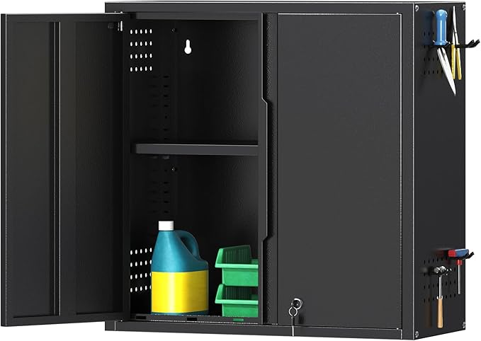 Coolsun Garage Wall Cabinet, 26" H Metal Wall Cabinet with Lockable Doors and Adjustable Shelf, Wall Mounted Metal Storage Cabinets for Garage Assembly Required (26" H Black)