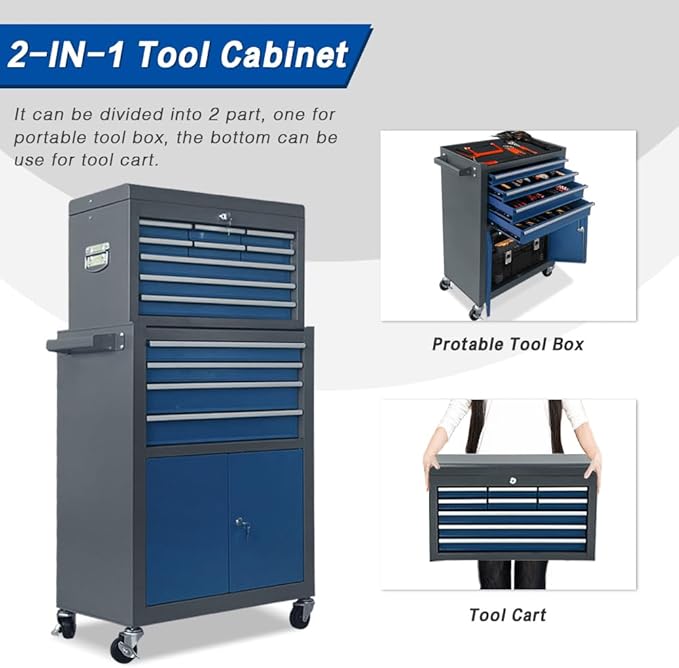 13-Drawer Tool Chest with Double Door and Wheels, Large Detachable Tool Box with Sliding Drawers, Mechanic Toolbox Storage Cabinets, Metal Tool Cart for Garage Workshop (Blue＆Grey)