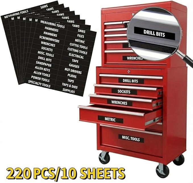 220 Pcs Sticker Tool Box Labels – Pre-Printed Tool Chest Drawer Organizer Markers, Black & White High Contrast Identification Tags for Mechanics, Garage Storage & Rolling Cabinets (10 Sheets)