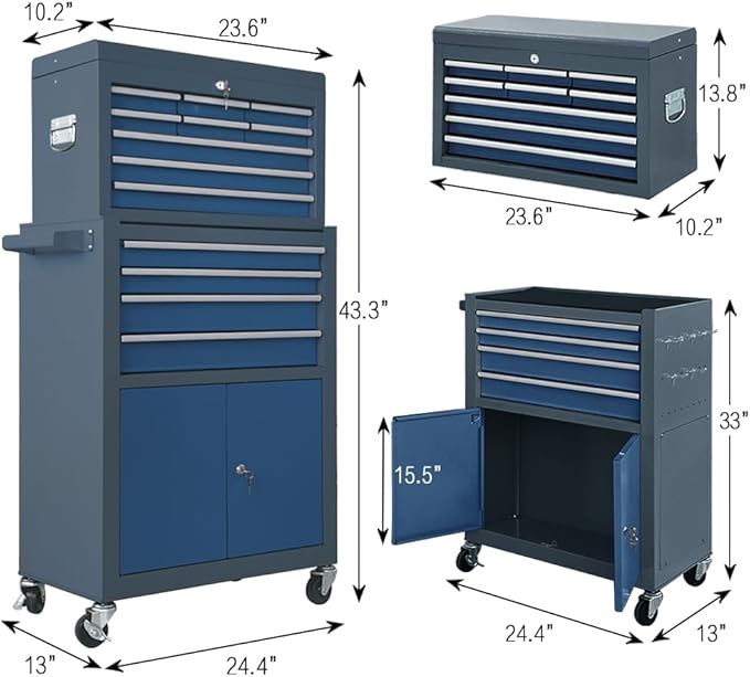 13-Drawer Tool Chest with Double Door and Wheels, Large Detachable Tool Box with Sliding Drawers, Mechanic Toolbox Storage Cabinets, Metal Tool Cart for Garage Workshop (Blue＆Grey)