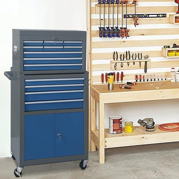 13-Drawer Tool Chest with Double Door and Wheels, Large Detachable Tool Box with Sliding Drawers, Mechanic Toolbox Storage Cabinets, Metal Tool Cart for Garage Workshop (Blue＆Grey)