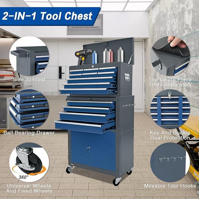13-Drawer Tool Chest with Double Door and Wheels, Large Detachable Tool Box with Sliding Drawers, Mechanic Toolbox Storage Cabinets, Metal Tool Cart for Garage Workshop (Blue＆Grey)