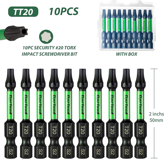 T20 Impact Screwdriver Bit Set, 10 Pieces 2”S2 Steel Magnetic #20 Torx Tips Power Driver Bit Set with Organizer Case