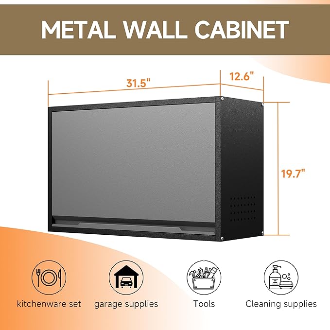 Coolsun Metal Wall Cabinet, Garage Wall Cabinet with Up-Flip Door, 19.7" H Wall Mounted Metal Storage Cabinet for Kitchen,Garage,Basement,Ware House Assembly Required (Black Gray 31.5" W)