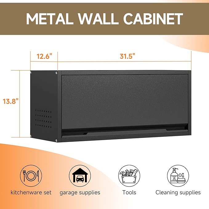 Coolsun Metal Wall Cabinet, Garage Wall Cabinet with Up-Flip Door, 31.5" W Wall Mounted Metal Storage Cabinet for Kitchen,Garage,Basement,Ware House Assembly Required (Black)