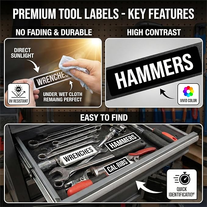 220 Pcs Sticker Tool Box Labels – Pre-Printed Tool Chest Drawer Organizer Markers, Black & White High Contrast Identification Tags for Mechanics, Garage Storage & Rolling Cabinets (10 Sheets)