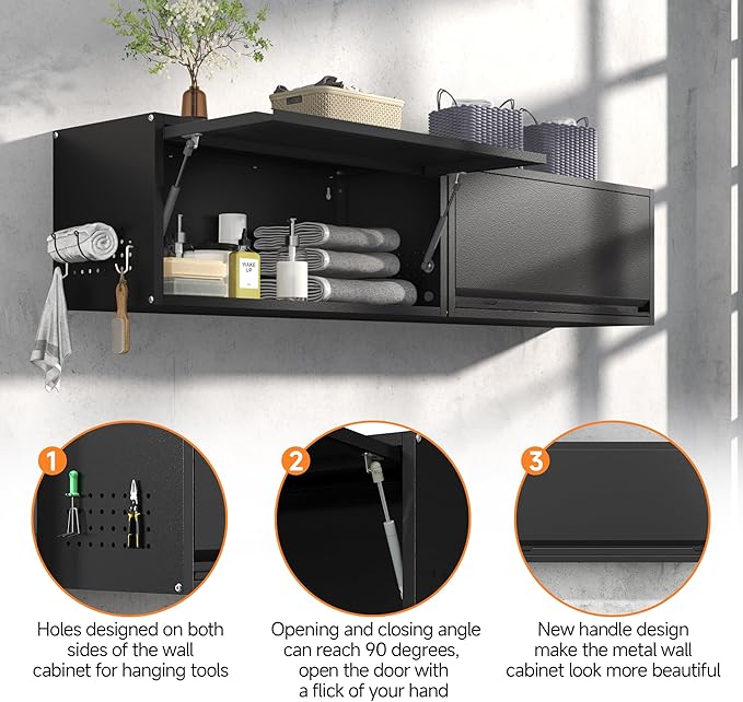 Coolsun Metal Wall Cabinet, Garage Wall Cabinet with Up-Flip Door, 31.5" W Wall Mounted Metal Storage Cabinet for Kitchen,Garage,Basement,Ware House Assembly Required (Black)