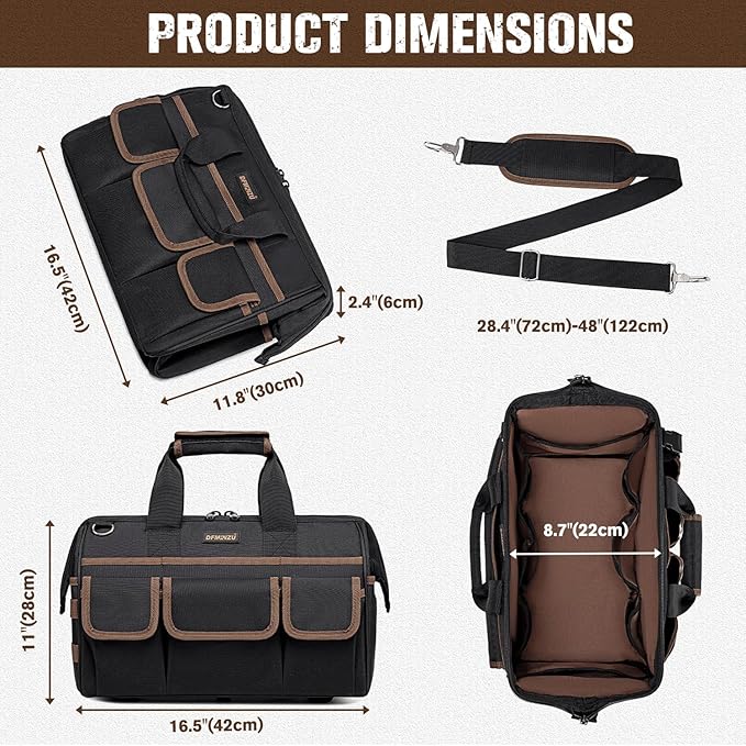 16.5-Inch Heavy Duty Tool Bags for Men, 34-Pockets Large Tool Bag with Adjustable Shoulder Strap, Portable Tool Bag Organizer for Electricians Mechanics Carpenters Construction Workers HVAC