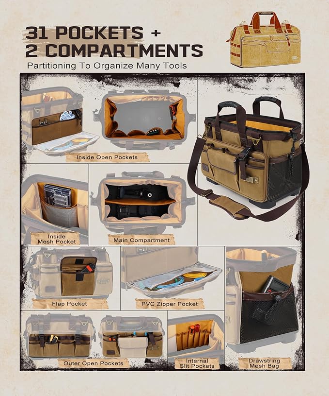 ARCFOX 16 Inch Large Electrician Tool Bags for Men Heavy Duty, 31 Pockets Vintage Waxed Canvas Tool Bag Storage Organizer with Waterproof Hard Bottom, Wide Mouth Portable Tool Bag for Mechanic,Plumber