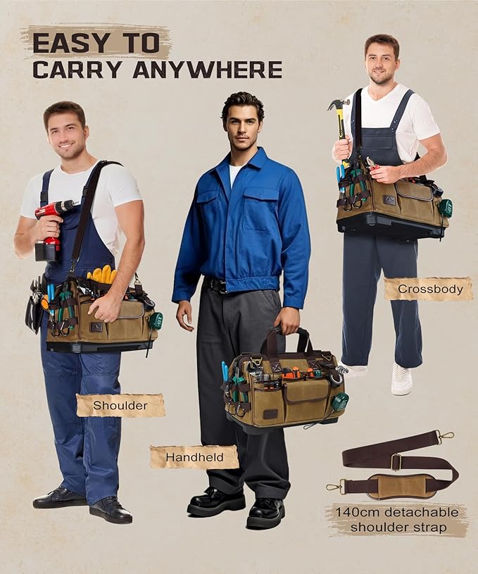ARCFOX 16 Inch Large Electrician Tool Bags for Men Heavy Duty, 31 Pockets Vintage Waxed Canvas Tool Bag Storage Organizer with Waterproof Hard Bottom, Wide Mouth Portable Tool Bag for Mechanic,Plumber