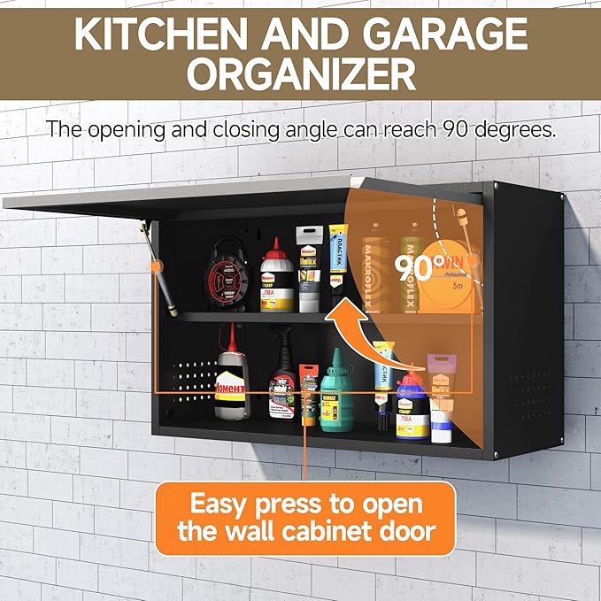 Coolsun Metal Wall Cabinet, Garage Wall Cabinet with Up-Flip Door, 19.7" H Wall Mounted Metal Storage Cabinet for Kitchen,Garage,Basement,Ware House Assembly Required (Black Gray 31.5" W)