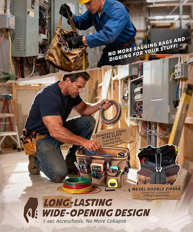ARCFOX 14 Inch Portable Electrician Tool Bag 21 Pockets - Heavy Duty 16OZ Canvas Tool Bags Organizer with Wide Mouth & Adjustable Shoulder Strap for HVAC, Mechanics, Maintenance, UTV-Effortless Carry