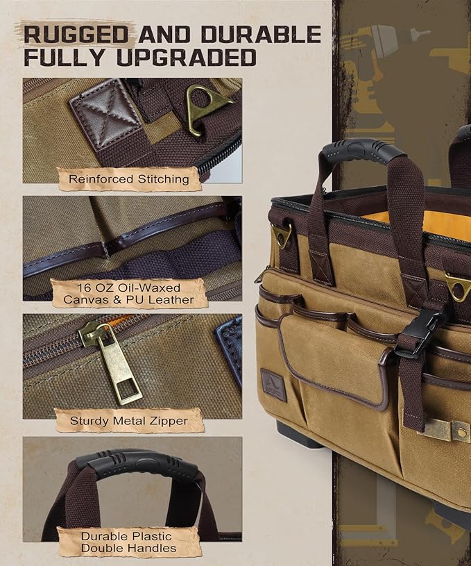 ARCFOX 16 Inch Large Electrician Tool Bags for Men Heavy Duty, 31 Pockets Vintage Waxed Canvas Tool Bag Storage Organizer with Waterproof Hard Bottom, Wide Mouth Portable Tool Bag for Mechanic,Plumber