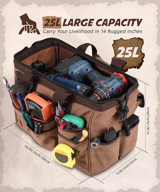 ARCFOX 14 Inch Portable Electrician Tool Bag 21 Pockets - Heavy Duty 16OZ Canvas Tool Bags Organizer with Wide Mouth & Adjustable Shoulder Strap for HVAC, Mechanics, Maintenance, UTV-Effortless Carry