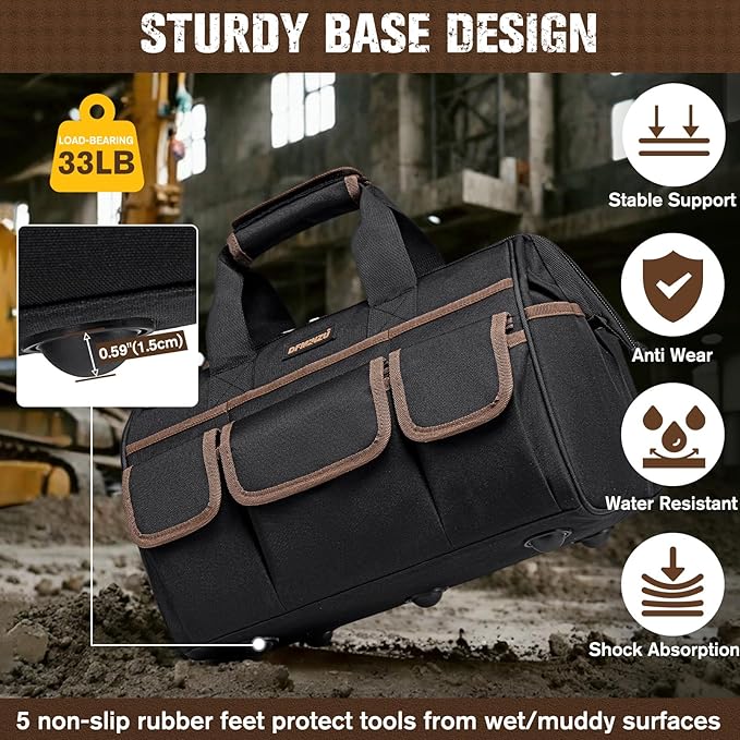 16.5-Inch Heavy Duty Tool Bags for Men, 34-Pockets Large Tool Bag with Adjustable Shoulder Strap, Portable Tool Bag Organizer for Electricians Mechanics Carpenters Construction Workers HVAC