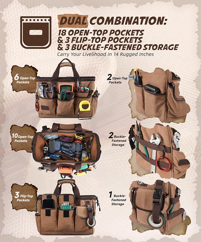 ARCFOX 14 Inch Portable Electrician Tool Bag 21 Pockets - Heavy Duty 16OZ Canvas Tool Bags Organizer with Wide Mouth & Adjustable Shoulder Strap for HVAC, Mechanics, Maintenance, UTV-Effortless Carry