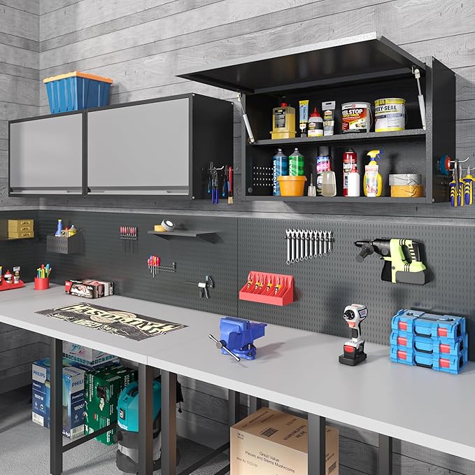 Coolsun Metal Wall Cabinet, Garage Wall Cabinet with Up-Flip Door, 19.7" H Wall Mounted Metal Storage Cabinet for Kitchen,Garage,Basement,Ware House Assembly Required (Black Gray 31.5" W)