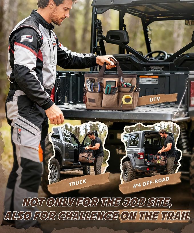 ARCFOX 14 Inch Portable Electrician Tool Bag 21 Pockets - Heavy Duty 16OZ Canvas Tool Bags Organizer with Wide Mouth & Adjustable Shoulder Strap for HVAC, Mechanics, Maintenance, UTV-Effortless Carry