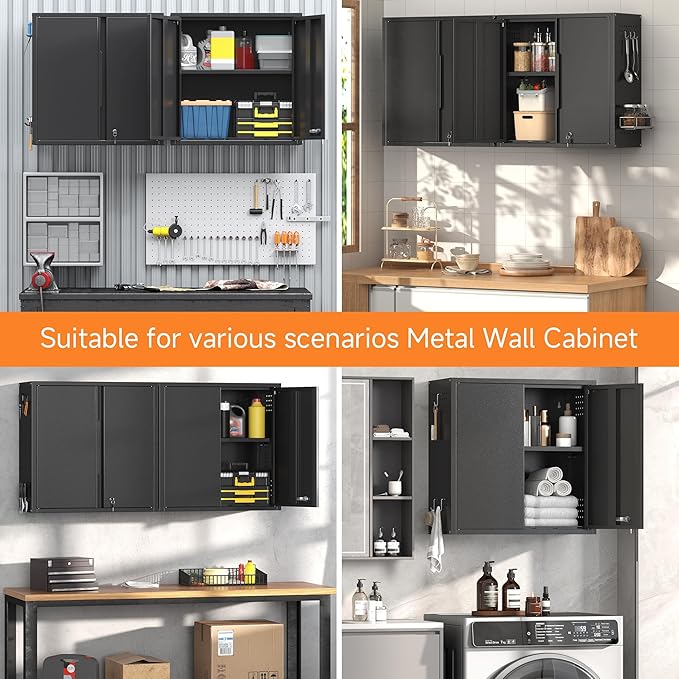 Coolsun Garage Wall Cabinet, 26" H Metal Wall Cabinet with Lockable Doors and Adjustable Shelf, Wall Mounted Metal Storage Cabinets for Garage Assembly Required (26" H Black)