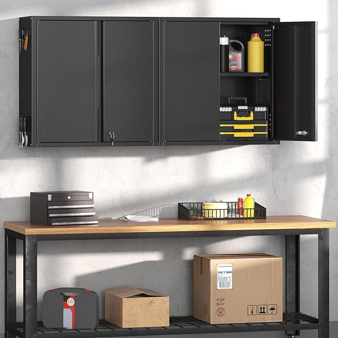 Coolsun Garage Wall Cabinet, 26" H Metal Wall Cabinet with Lockable Doors and Adjustable Shelf, Wall Mounted Metal Storage Cabinets for Garage Assembly Required (26" H Black)