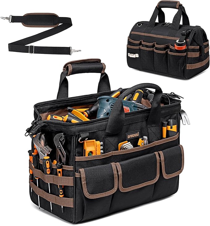 16.5-Inch Heavy Duty Tool Bags for Men, 34-Pockets Large Tool Bag with Adjustable Shoulder Strap, Portable Tool Bag Organizer for Electricians Mechanics Carpenters Construction Workers HVAC