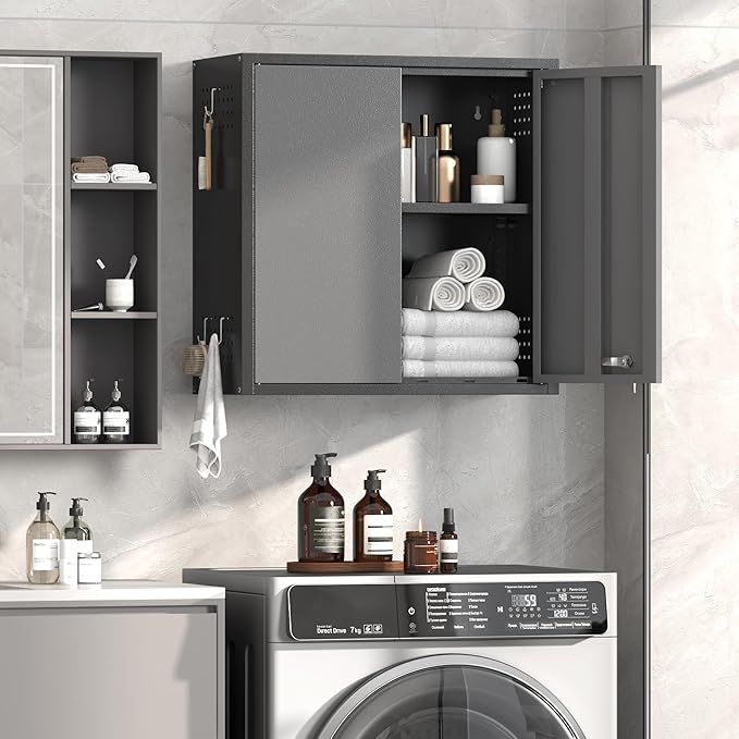 Coolsun Garage Wall Cabinet, 26" H Metal Wall Cabinet with Lockable Doors and Adjustable Shelf, Wall Mounted Metal Storage Cabinets for Garage Assembly Required (26" H Black Gray)