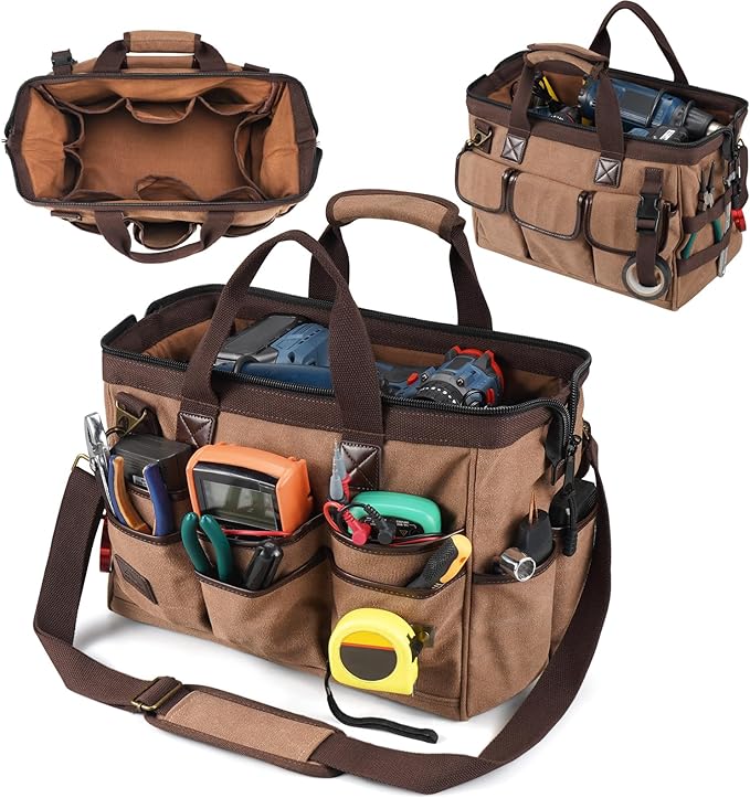 ARCFOX 14 Inch Portable Electrician Tool Bag 21 Pockets - Heavy Duty 16OZ Canvas Tool Bags Organizer with Wide Mouth & Adjustable Shoulder Strap for HVAC, Mechanics, Maintenance, UTV-Effortless Carry