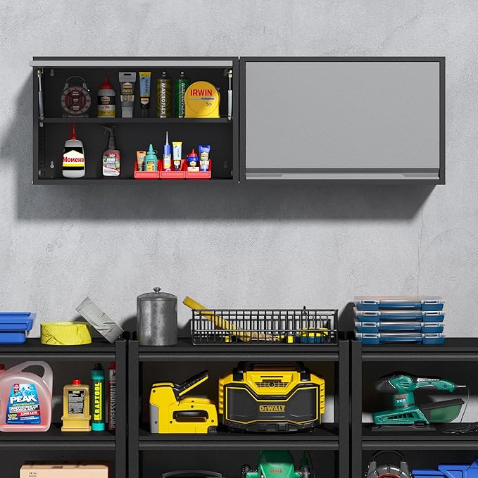 Coolsun Metal Wall Cabinet, Garage Wall Cabinet with Up-Flip Door, 19.7" H Wall Mounted Metal Storage Cabinet for Kitchen,Garage,Basement,Ware House Assembly Required (Black Gray 31.5" W)