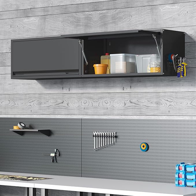 Coolsun Metal Wall Cabinet, Garage Wall Cabinet with Up-Flip Door, 31.5" W Wall Mounted Metal Storage Cabinet for Kitchen,Garage,Basement,Ware House Assembly Required (Black)