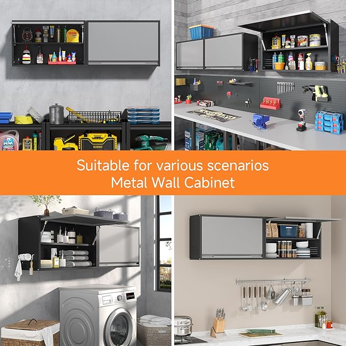 Coolsun Metal Wall Cabinet, Garage Wall Cabinet with Up-Flip Door, 19.7" H Wall Mounted Metal Storage Cabinet for Kitchen,Garage,Basement,Ware House Assembly Required (Black Gray 31.5" W)
