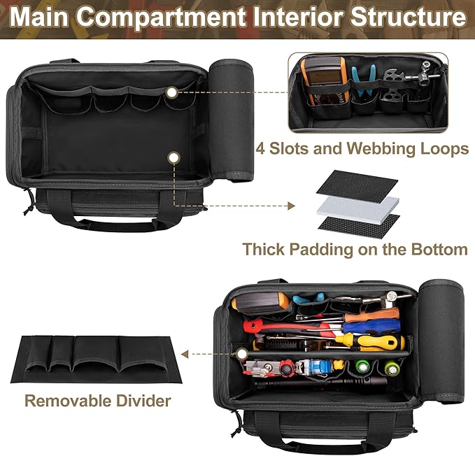 12-Inch Tool Bag with Anti-friction Bottom, Hand Tool Storage Organizer Bag for Men, Tactical Range Bag, Multi-purpose Work Tote for Repairman, Electrician, Carpenters, Handyman, Black