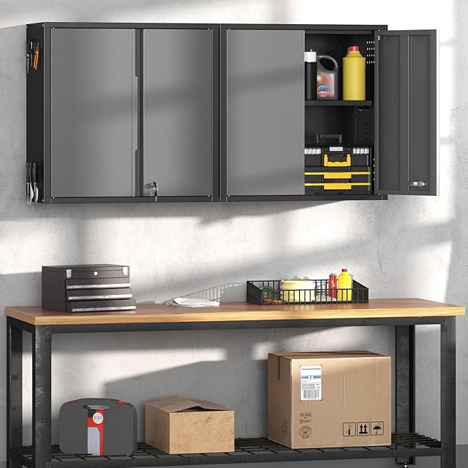 Coolsun Garage Wall Cabinet, 26" H Metal Wall Cabinet with Lockable Doors and Adjustable Shelf, Wall Mounted Metal Storage Cabinets for Garage Assembly Required (26" H Black Gray)