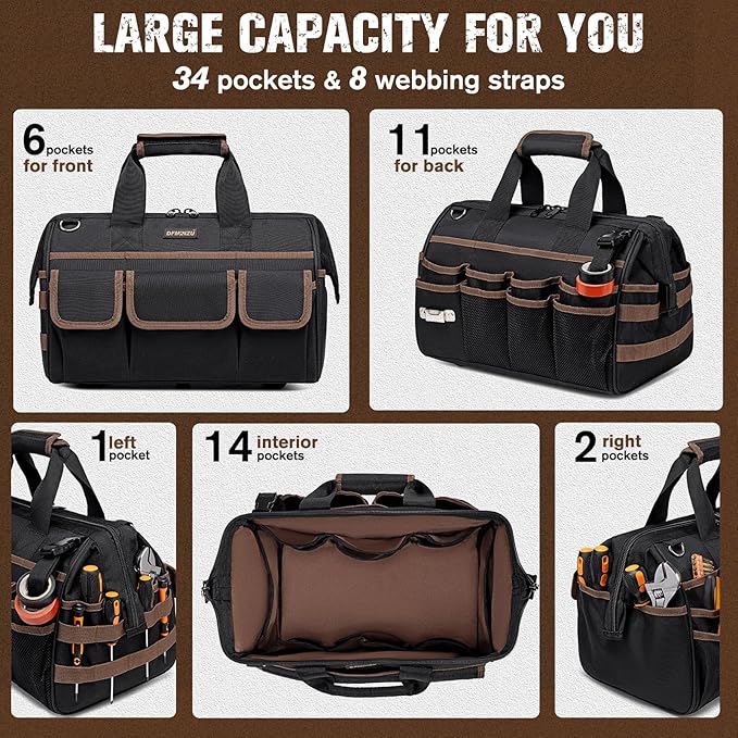 16.5-Inch Heavy Duty Tool Bags for Men, 34-Pockets Large Tool Bag with Adjustable Shoulder Strap, Portable Tool Bag Organizer for Electricians Mechanics Carpenters Construction Workers HVAC